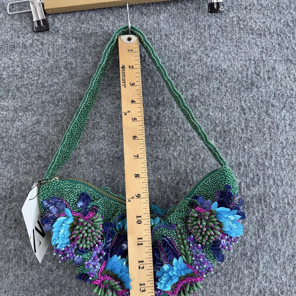 Zara Beaded Floral Shoulder Bag Green Embellished Party Cocktail Purse Artsy - Picture 11 of 12
